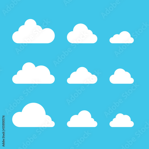 Set of Cloud Icons isolated on blue background. Abstract white cloudy set. Cloud symbol in flat style, for your web site design, logo, app, UI. Vector EPS 10.