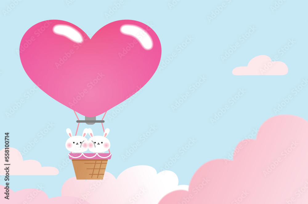 Happy Valentine's Day vector banner or love greeting card. Love is in the air concept. Couple of cute cartoon bunnies flying in an pink heart shaped air balloon. Togetherness concept, love card.