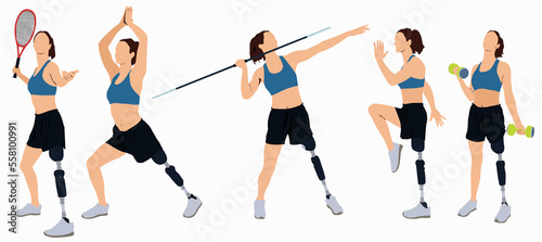 Illustration of set of faceless female athlete with prosthesis leg in different workout and sport pose.