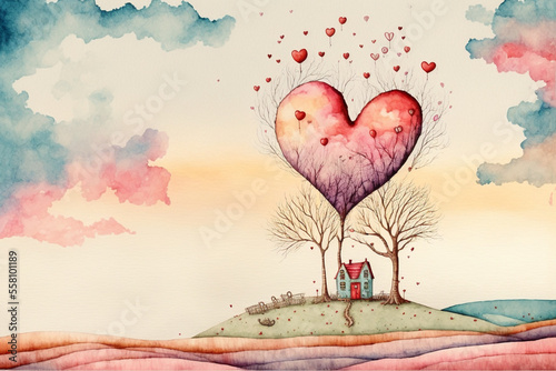Valentines landscape , whimsical style, watercolour style, Generative AI photo