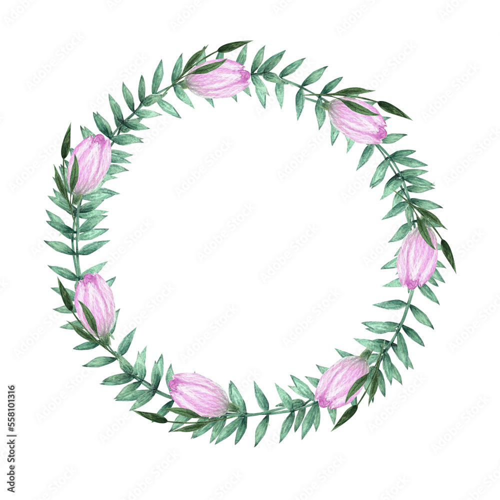 Wreath, frame of delicate pink tulips  and green leaves, for the design of invitations, greeting cards, wallpapers, illustration watercolor.