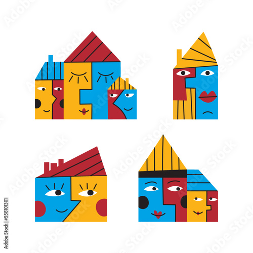 Set of funny houses on a white background.  Collection of simple cute buildings with faces. Vector cartoon flat childish illustration