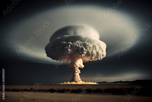 Nuclear explosion of an atom bomb with a mushroom cloud causing an apocalyptic Armageddon  through the use of a weapon of mass destruction, computer Generative AI stock illustration image photo