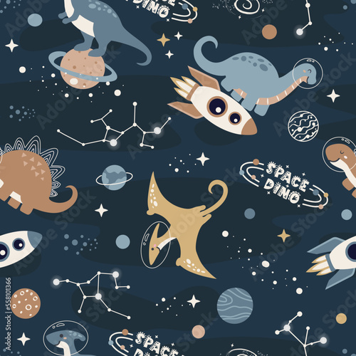 Seamless Pattern with Cute Dinosaurs Astronauts in Space, Cartoon Animals Background, Design for baby clothes, t-shirts, wrapping, fabric, textiles and more