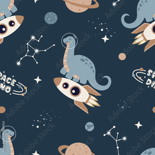 Seamless Pattern with Cute Dinosaurs Astronauts in Space, Cartoon Animals Background, Design for baby clothes, t-shirts, wrapping, fabric, textiles and more