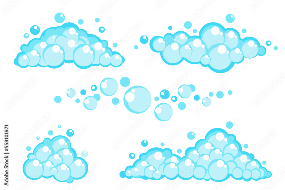 Soap foam set with bubbles. Carton light blue suds of bath water, shampoo, shaving, mousse. Vector illustration isolated on white background. - obrazy, fototapety, plakaty 