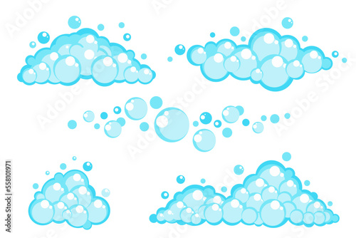 Soap foam set with bubbles. Carton light blue suds of bath water, shampoo, shaving, mousse. Vector illustration isolated on white background. © Chorna_L