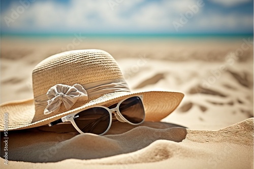 a hat and sunglasses on the sand on seashore