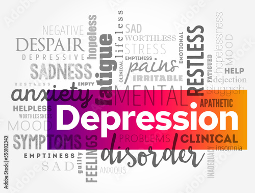 Depression - serious medical illness that negatively affects how you feel, the way you think and how you act, word cloud concept background