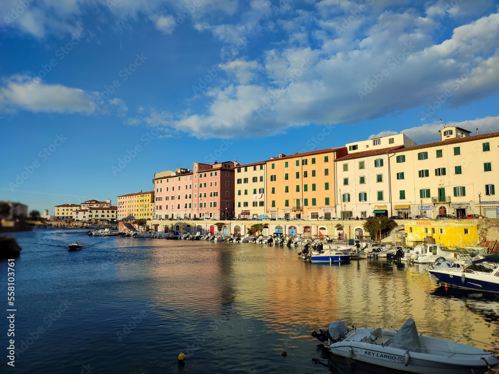City panorama of the Rio Maggiore river in Livorno Tuscany Italy