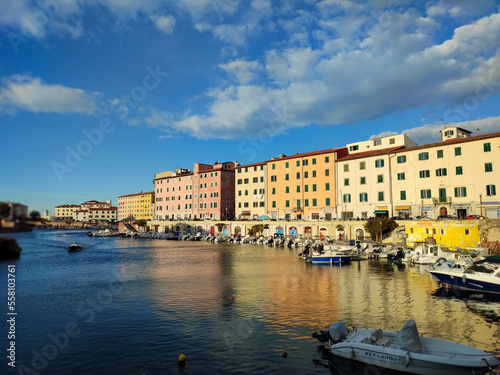 City panorama of the Rio Maggiore river in Livorno Tuscany Italy