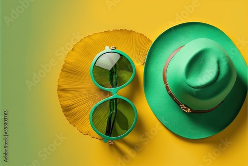 a yellow hat and sunglasses, summer accessorises photo