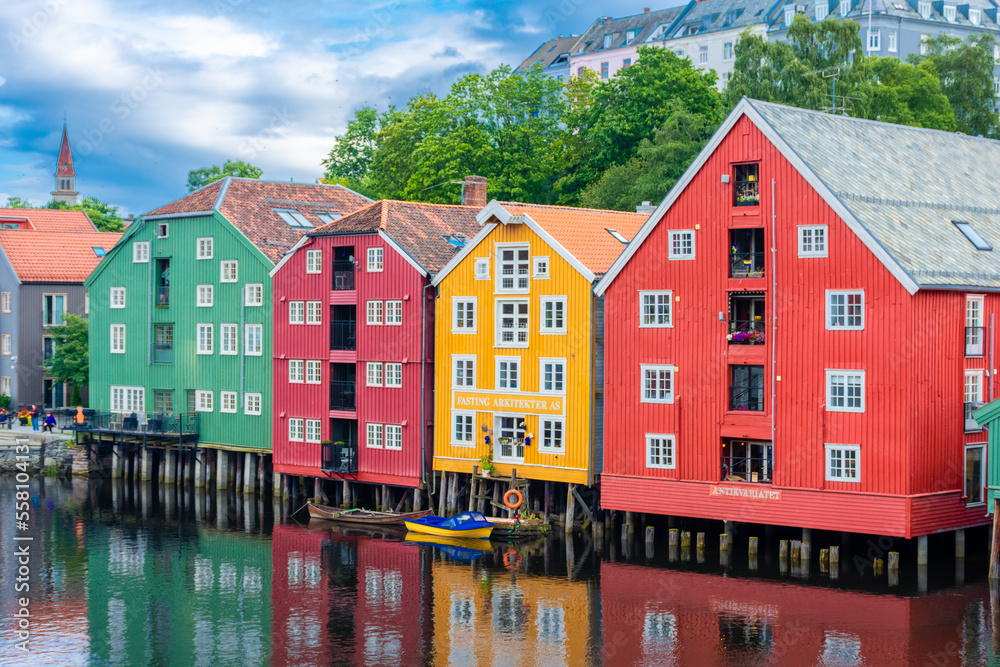 Colorful buildings on the canal of Trondheim, Norway
