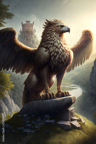 Generative AI illustration of legendary griffin also known as griffon or gryphon photo