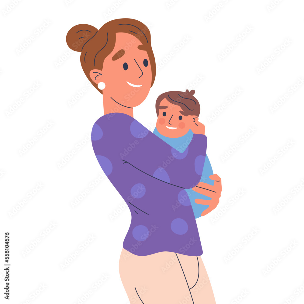 Mother carrying cute baby. Loving mom and little child, parenting concept flat vector illustration on white background Mother carrying cute baby. Loving mom and little child, parenting concept flat vector illustration on white background