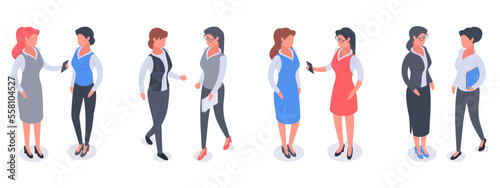 Isometric businesswoman. Female office workers, women wearing business suits, office colleagues in formal clothing 3d vector illustration set isolated on white background