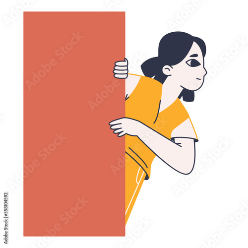 Peeping curious woman. Observing, spying, searching female person secretly looking out from red rectangle flat vector illustration on white background