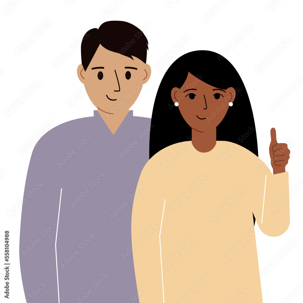 Fototapeta premium Smiling young couple, good mood concept. Positive emotions, happy people, man and woman showing thumbs up, fun and joy.