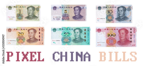Vector set of China pixel mosaic fiat money. Banknotes in denominations from 1 to 100 yuan. photo