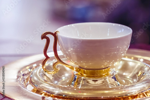 Close-up of a beautiful porcelain cup and saucer 