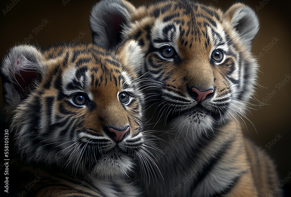 Two small tiger cubs. Generative Ai art. Wildlife concept. Two small tiger cubs. Generative Ai art. Wildlife concept.