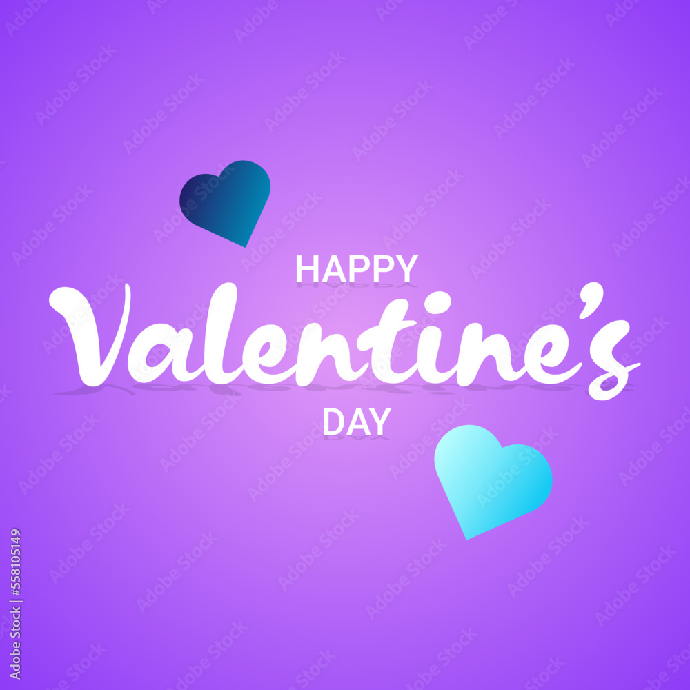 Delicate purple and blue shades with white lettering, Happy Valentine's Day shadows and two hearts on a purple gradient. Card