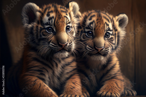 Two small tiger cubs. Generative Ai art. Wildlife concept.