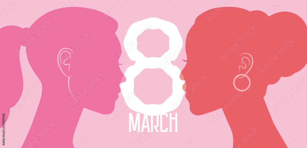 8 march international women's day vector banner. Two beautiful young women profile portrait silhouettes of different ethnicities. Caucasian woman profile and afro american african woman profile. 8 march international women's day vector banner. Two beautiful young women profile portrait silhouettes of different ethnicities. Caucasian woman profile and afro american african woman profile.