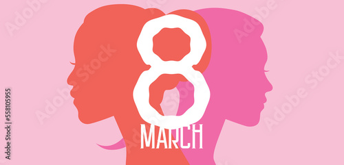 8 march international women's day vector banner. Two beautiful young women profile portraits silhouettes of different ethnicites, caucasian woman profile and afro american african woman profile.
