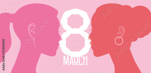 8 march international women's day vector banner. Two beautiful young women profile portrait silhouettes of different ethnicities. Caucasian woman profile and afro american african woman profile.