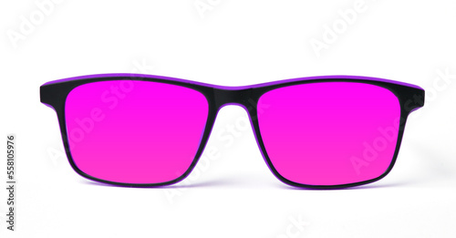 Glasses with pink colored lenses isolated on white background.