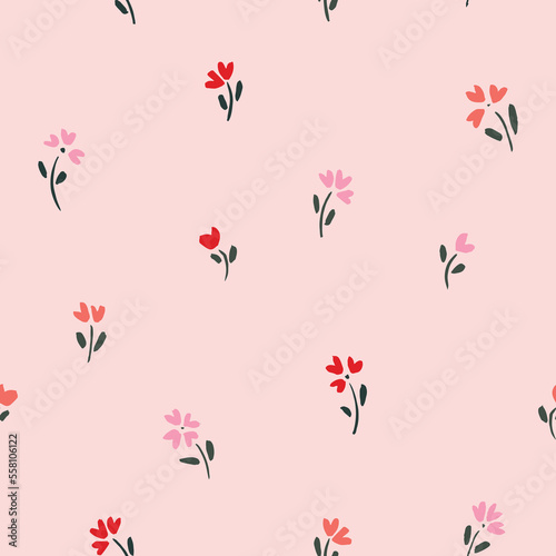 Hand-painted heart shaped flowers in red, coral and baby pink arranged on a light pink background. Great for home decor, fabric, wallpaper, gift-wrap, stationery and design projects.
