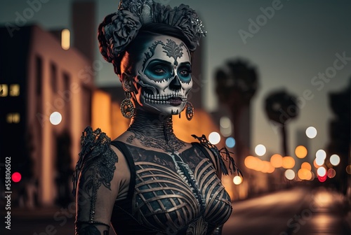 illustration of a woman wear make up and dress in skull , Day of the Dead or Día de los Muertos   © QuietWord