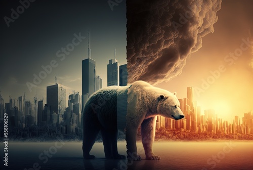 illustration concept of environmental preservation  polar bear with extreme weather half hot half cold