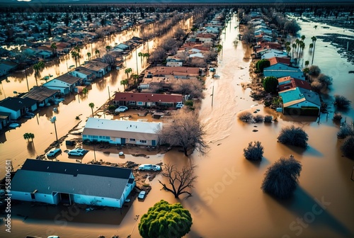 Fototapeta illustration of flood water disaster in city, illustration inspired from Califor
