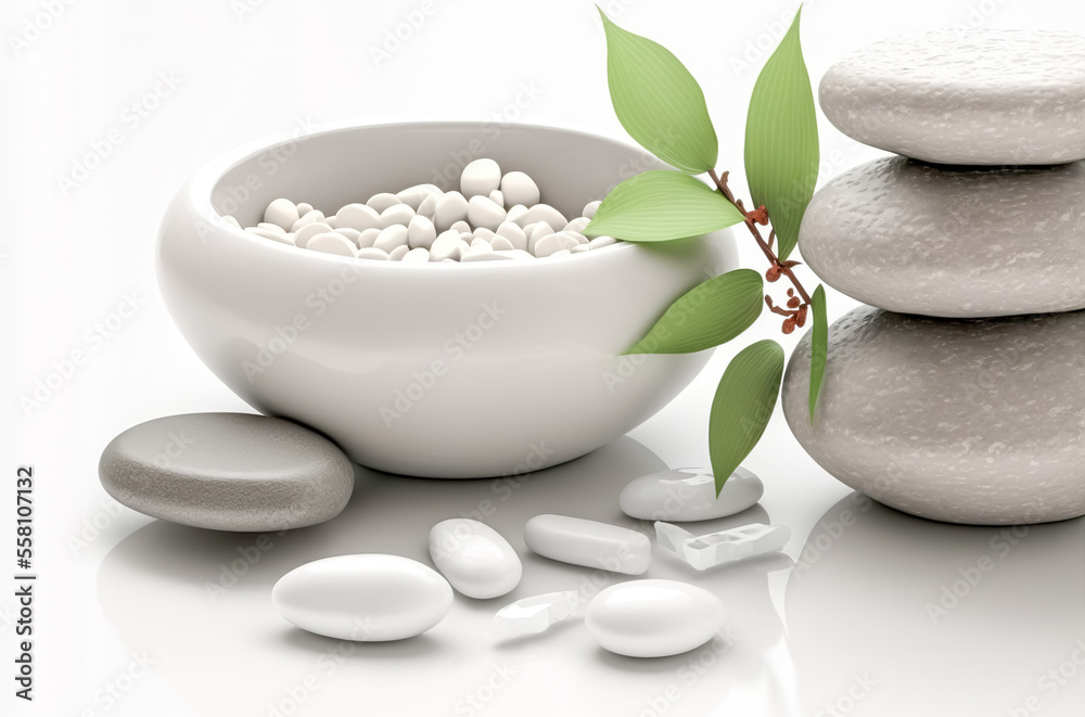 Flat lay composition with spa stones and space for text on white background. Generative AI Flat lay composition with spa stones and space for text on white background. Generative AI