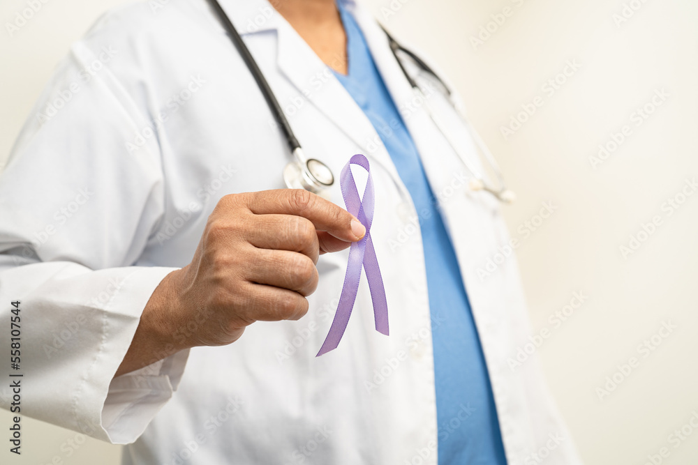 Asian woman doctor with purple ribbon, sign of Alzheimer disease day, Pancreatic cancer, Epilepsy, Lupus. Asian woman doctor with purple ribbon, sign of Alzheimer disease day, Pancreatic cancer, Epilepsy, Lupus.