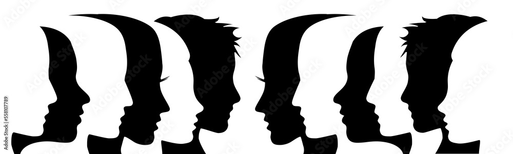 Face to face. Confrontation or dialogue between groups of people. Vector abstract banner with human heads in silhouette