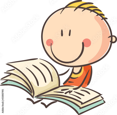 Cartoon little boy reading book, sitting on the floor, isolated on white