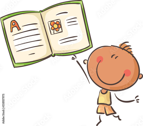Happy boy showing a book, vector cartoon illustration