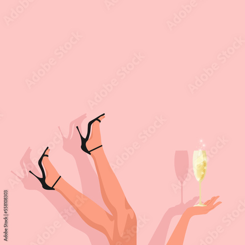 Upside down high heel legs, holding glass of wine.