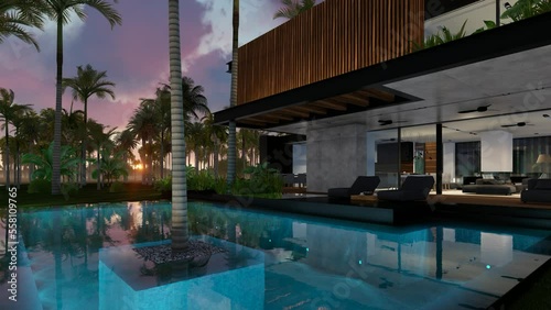 4K video rendering of modern cozy house with parking and pool for sale or rent with wood plank facade by the sea or ocean. Sunset evening by the coast with palm and flowers in tropical island Fly-walk