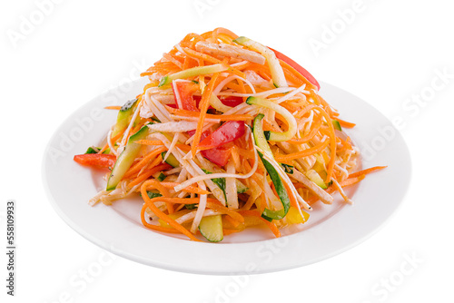 salad of carrots, cucumbers and peppers on plate