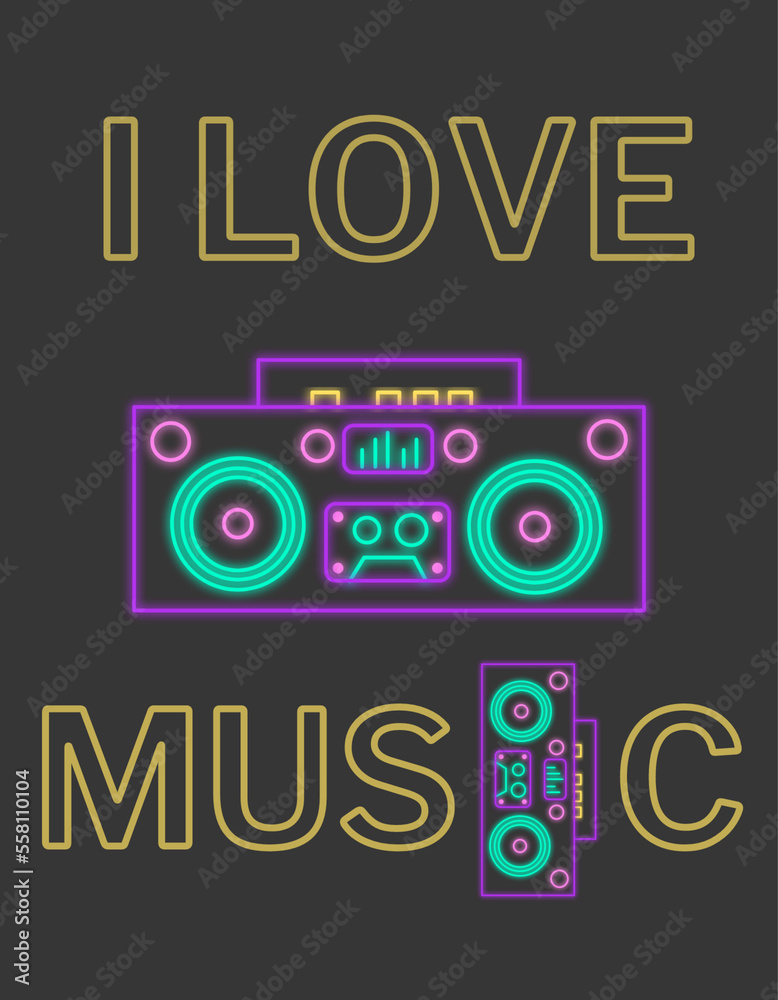 neon light music illustration. I love music. neon light music illustration. I love music.