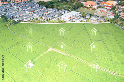 Land value in aerial view consist of landscape of green field or agriculture farm, residential or house building in village, up arrow of rate market price. Real estate or property for sale, investment