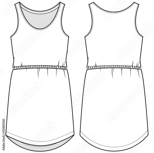 womens vest dress sleeveless high waist short tank dress flat sketch vector illustration front and back view summer dress technical cad drawing template
