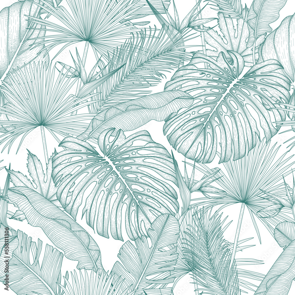 Seamless vector pattern with graphic linear exotic plants. Monstera, palm and banana leaves, aralia, elephant ear leaf, strelitzia engraving style