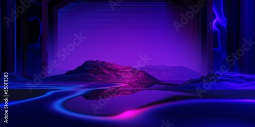 abstract backgound video game of esports scifi gaming cyberpunk, vr virtual reality simulation and metaverse, scene stand pedestal stage, 3d illustration rendering, futuristic neon glow room