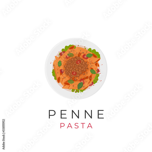 Illustration logo of penne pasta with tomato sauce and minced meat