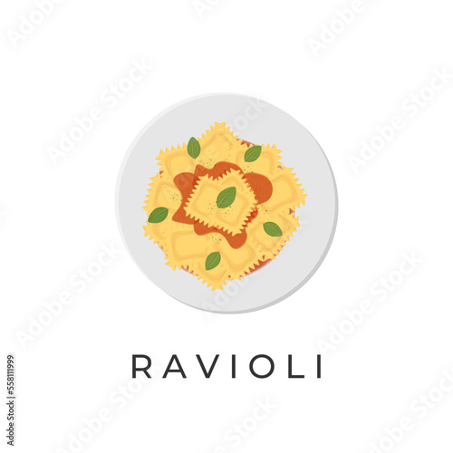 Logo Illustration Of Ravioli Pasta With Spicy Tomato Sauce On A White Plate